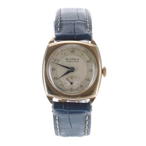 180 - Buren Grand Prix 9ct cushion cased gentleman's wristwatch, Birmingham 1949, silvered dial with Arabi... 