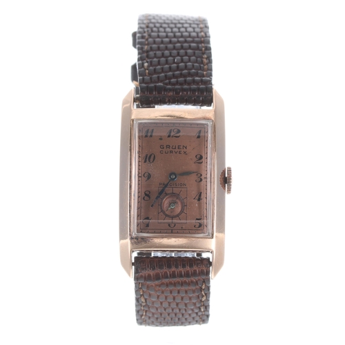 188 - Gruen Curvex Precision 14k rose gold gentleman's wristwatch, circa 1940s, the gilded dial with Arabi... 