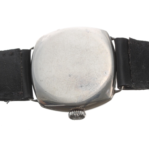 190 - Silver cushion cased wire-lug wristwatch, import hallmarks London 1925, circular black dial with whi... 