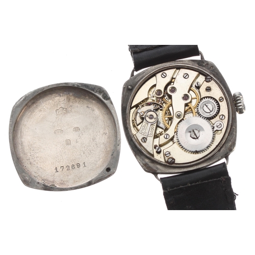 190 - Silver cushion cased wire-lug wristwatch, import hallmarks London 1925, circular black dial with whi... 