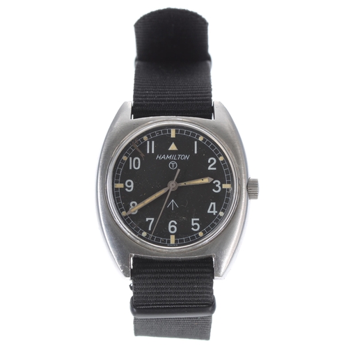 201 - Hamilton British Military RAF pilot's stainless steel wristwatch, circa 1973, black dial with Arabic... 