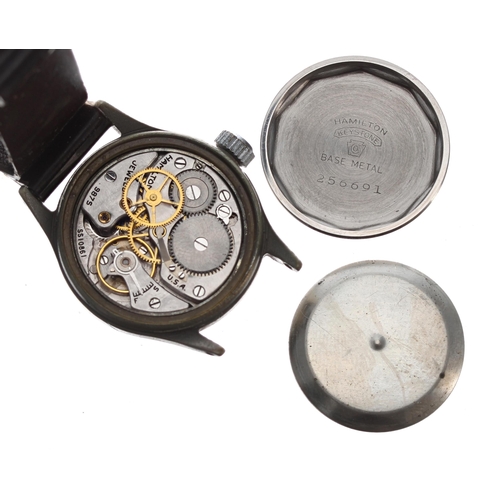 207 - Rare Hamilton US Military Buships nickel and stainless steel wristwatch, the signed dial with Arabic... 