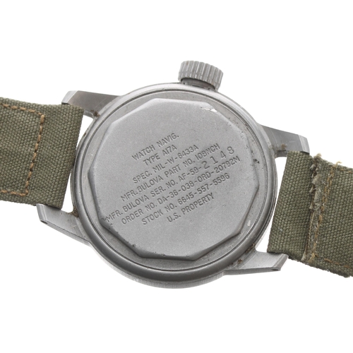 208 - Bulova A-17A US Military navigator's  wristwatch, circa 1950s, the signed black dial with Arabic num... 