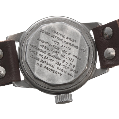 211 - Elgin type A-17A US Military navigator's  wristwatch, the black dial with luminous Arabic numerals, ... 