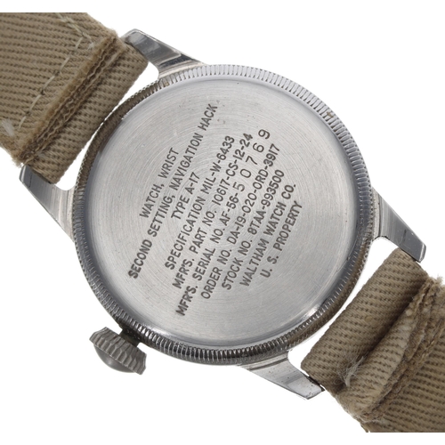 212 - Waltham type A-17A US Military navigator's  stainless steel navigators wristwatch, the black dial wi... 