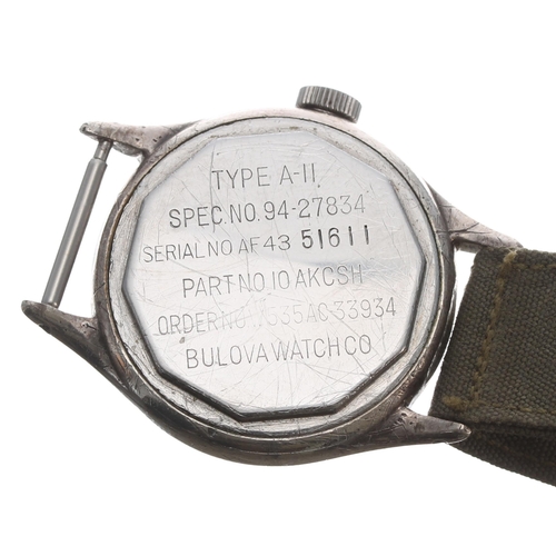 215 - Bulova US Military type A-11 navigator's wristwatch, the black dial with Arabic numerals, luminous s... 