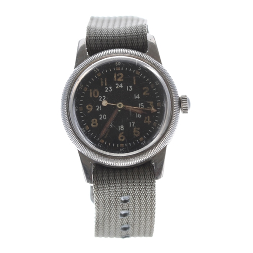 217 - Waltham US Military Type A-17 navigator's wristwatch, black dial with luminous Arabic numerals, inne... 