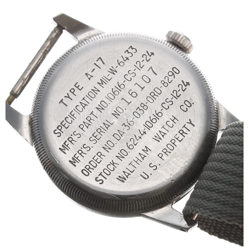 217 - Waltham US Military Type A-17 navigator's wristwatch, black dial with luminous Arabic numerals, inne... 