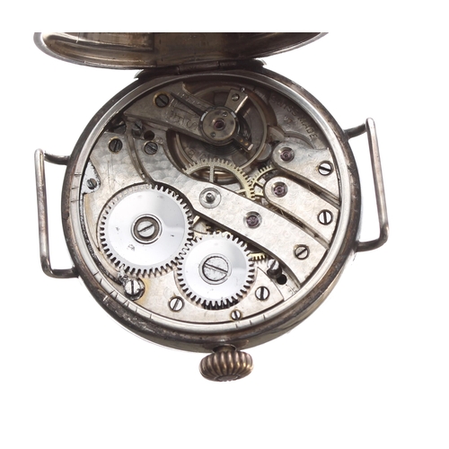 220 - Interesting silver WWI period wire-lug trench watch, import hallmarks Glasgow 1915, the white enamel... 