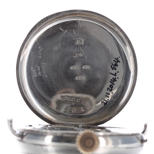 220 - Interesting silver WWI period wire-lug trench watch, import hallmarks Glasgow 1915, the white enamel... 