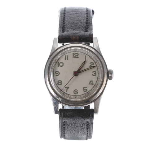 227 - WWII mid-size stainless steel wristwatch, circular silvered dial with Arabic luminous set numerals a... 