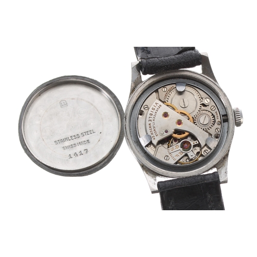 227 - WWII mid-size stainless steel wristwatch, circular silvered dial with Arabic luminous set numerals a... 