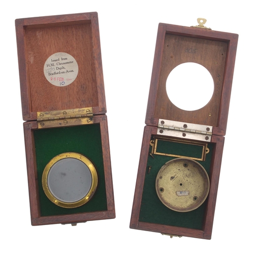 234 - Mahogany hinged deck watch case, labelled 'Issued from H.M. Chronometer Depot, Bradford-on-Avon 20 F... 