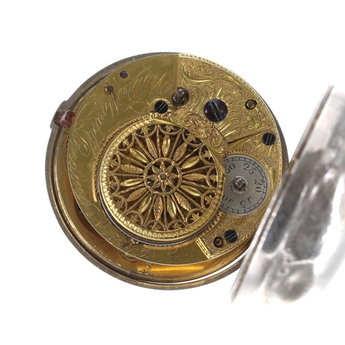 706 - Late 18th century silver pair cased verge pocket watch in need of repair, the fusee movement signed ... 