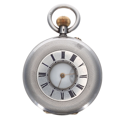 256 - Swiss silver (.935) engine turned half hunter pocket watch, unsigned gilt frosted lever bar movement... 