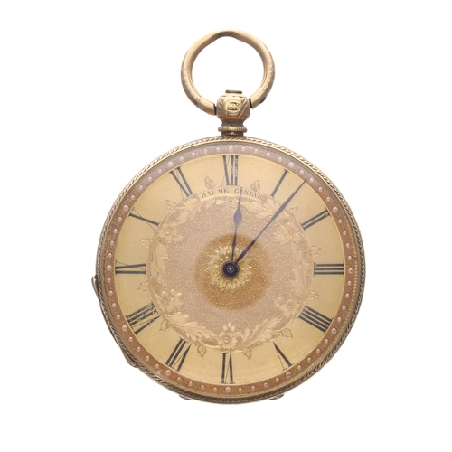 258 - Baume, Genéve 18k cylinder pocket watch, signed engraved gilded dial with Roman numeral, signed bar ... 