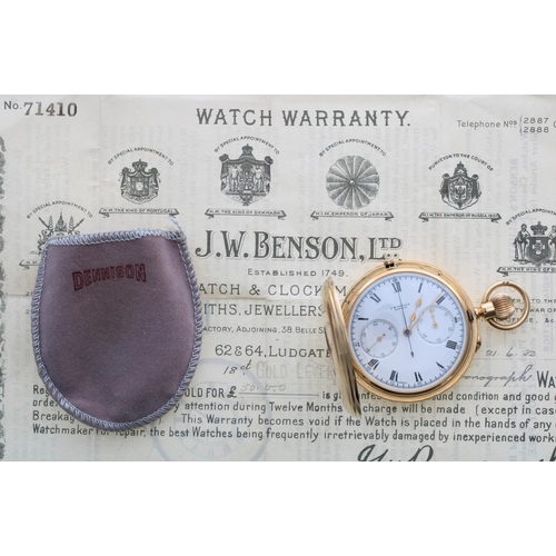 259 - Good J.W. Benson 18ct centre seconds chronograph half hunter lever pocket watch, London 1930, the mo... 