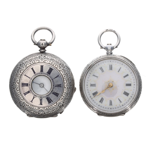 276 - Swiss silver (.935) cylinder engraved half hunter fob watch, 37mm; with another silver (.935) cylind... 