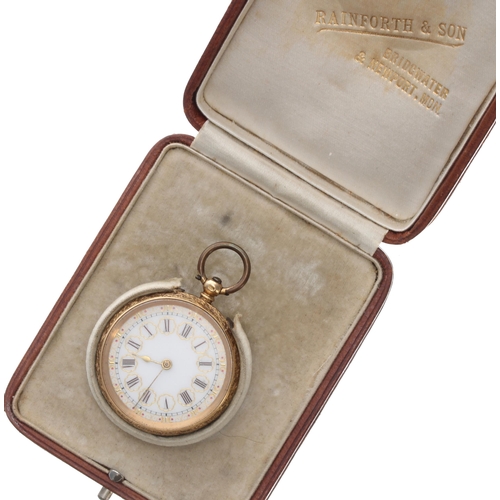 280 - Attractive 18k cylinder fob watch, gilt frosted bar movement, hinged 18k cuvette, the dial with Roma... 