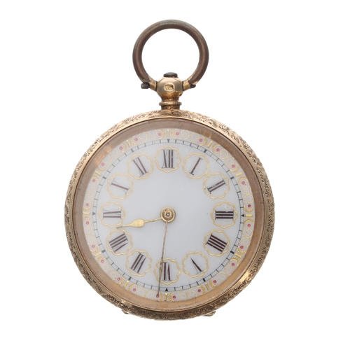 280 - Attractive 18k cylinder fob watch, gilt frosted bar movement, hinged 18k cuvette, the dial with Roma... 