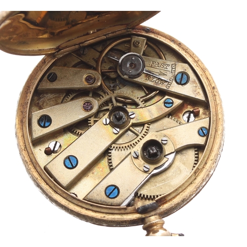 280 - Attractive 18k cylinder fob watch, gilt frosted bar movement, hinged 18k cuvette, the dial with Roma... 