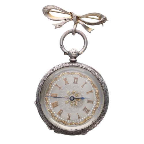 283 - Attractive late Victorian silver cylinder engraved fob watch, Birmingham 1885, gilt frosted movement... 