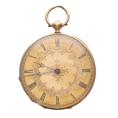 293 - J.F Jacot au Locle 18k pocket watch, signed cylinder bar movement, engine turned foliate dial with R... 