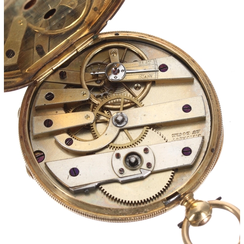 293 - J.F Jacot au Locle 18k pocket watch, signed cylinder bar movement, engine turned foliate dial with R... 