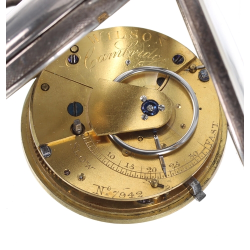 295 - 19th century silver fusee lever pocket watch, London 1825, signed Wilson, Cambridge, no. 7942, with ... 