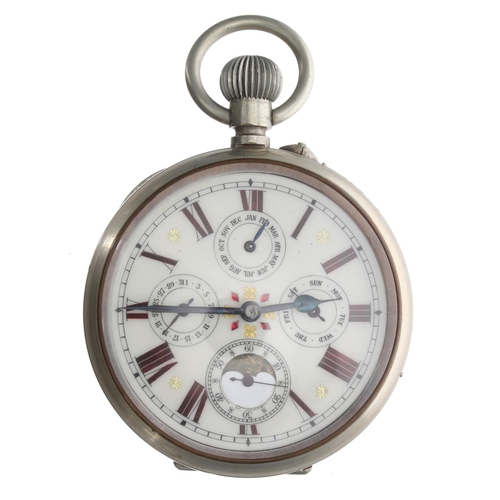 303 - Goliath calendar nickel cased lever pocket watch, the gilt frosted bar movement with compensated bal... 