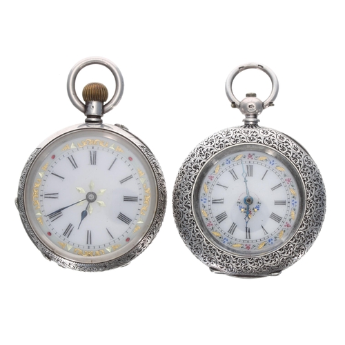 307 - Two silver engraved cylinder watches, each with attractive white foliate dials, 37-38mm diameter (2)... 