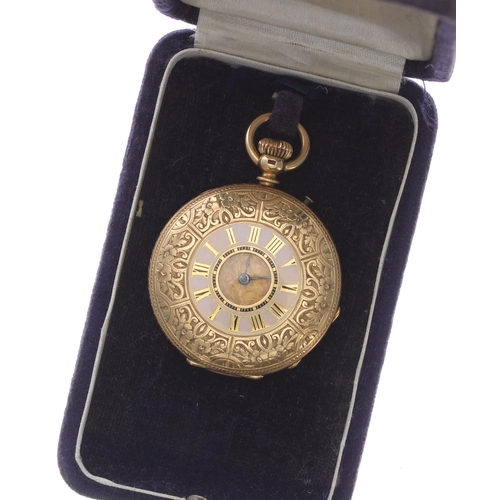 318 - Attractive 18k and pink enamel cylinder half hunter pocket watch, gilt frosted bar movement with gil... 