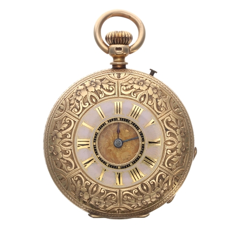 318 - Attractive 18k and pink enamel cylinder half hunter pocket watch, gilt frosted bar movement with gil... 