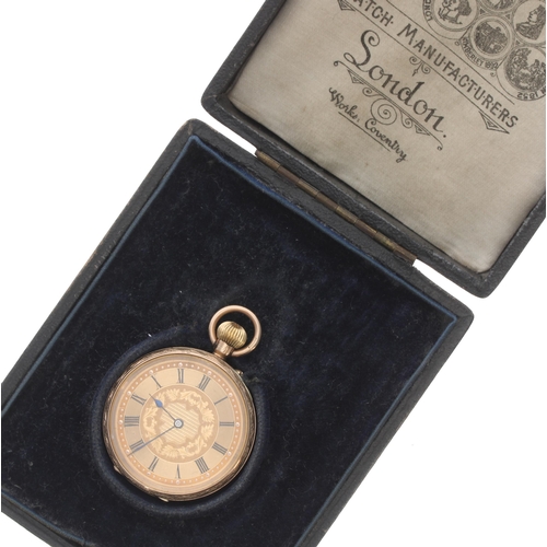 323 - Edwardian 9ct lever fob watch, Birmingham 1907, gilt frosted three quarter plate movement, no. 25143... 