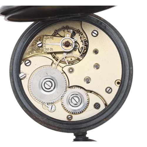 329 - Omega small gunmetal half hunter lever pocket watch, unsigned gilt frosted movement with compensated... 