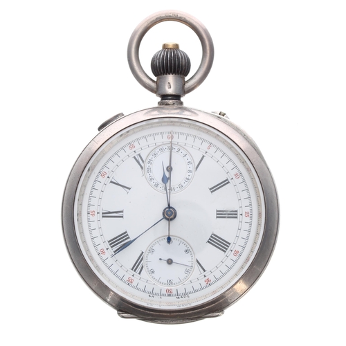 331 - Swiss silver (0.935) split seconds chronograph lever pocket watch, gilt frosted movement with compen... 