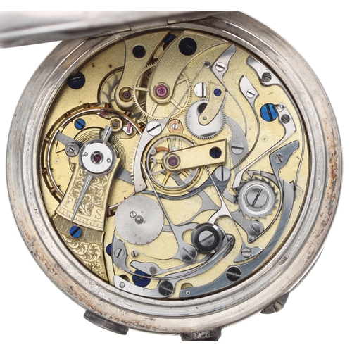 331 - Swiss silver (0.935) split seconds chronograph lever pocket watch, gilt frosted movement with compen... 