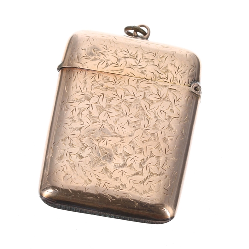 340 - Edwardian 9ct engraved vesta case, Chester 1902, maker 'T&S', 18.6gm, 50mm x 48mm... 