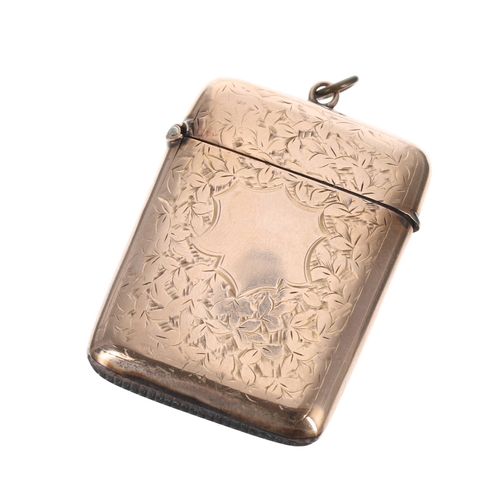 340 - Edwardian 9ct engraved vesta case, Chester 1902, maker 'T&S', 18.6gm, 50mm x 48mm... 