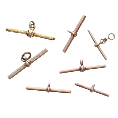 347 - Five assorted 9ct T-bars for watch Albert chains, 10.8gm; with two other gilded T-bars (7)... 