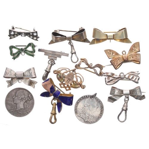 349 - Collection of silver, gilded and metal bow design brooches for fob watches; George III 1787 shilling... 