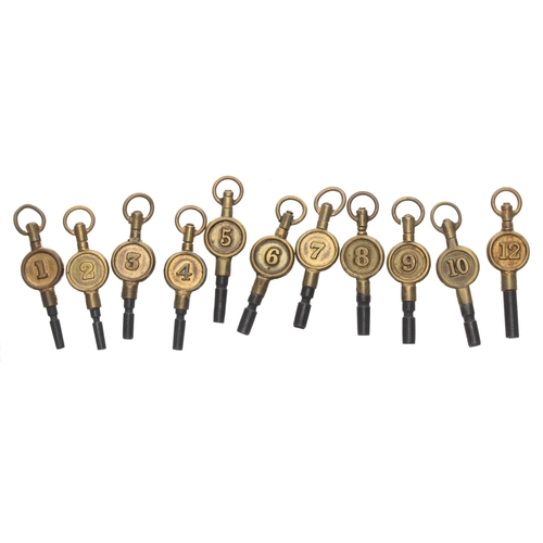 351 - Part set of eleven pocket watch keys, 1-12 (11 missing) (11)