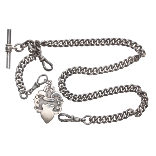 356 - Antique silver curb watch Albert chain, with sliding chain, T-bar, clasps and medallion fob, each li... 