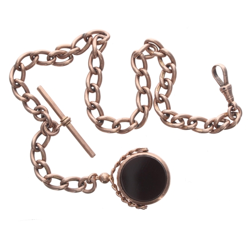 358 - Good 9ct oval link watch Albert chain, each link stamped with T-bar, clasp and a swivel pendant fob,... 