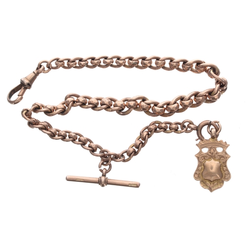 359 - Good 9ct graduated watch Albert chain, each link stamped with T-bar, clasp and medallion fob, 45.3gm... 