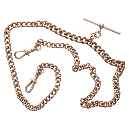 360 - Good 9ct graduated curb link pocket watch Albert chain with end clasps and T bar, 44.7gm, 20