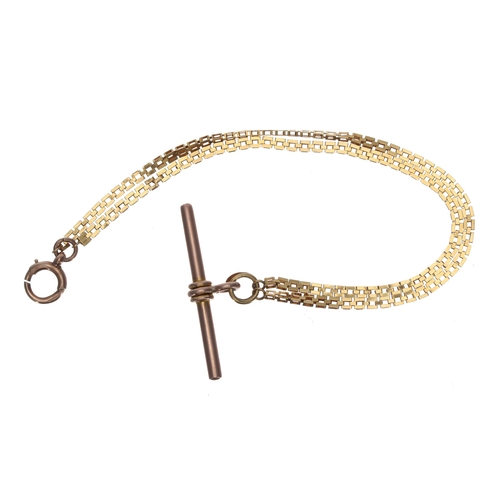 363 - Yellow metal watch Albert chain, with 9ct T-bar and clasp, 11.8gm, 7.5