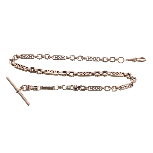 374 - Fancy 9ct watch Albert chain with T-bar and clasp, 16.1gm, 14.25