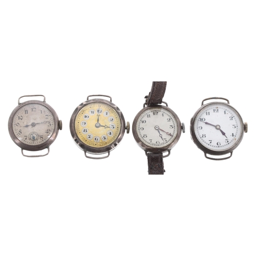 577 - Four silver ladies wire-lug wristwatches for repair, 24mm, 26mm, 26mm, 25mm (three lacking straps)... 