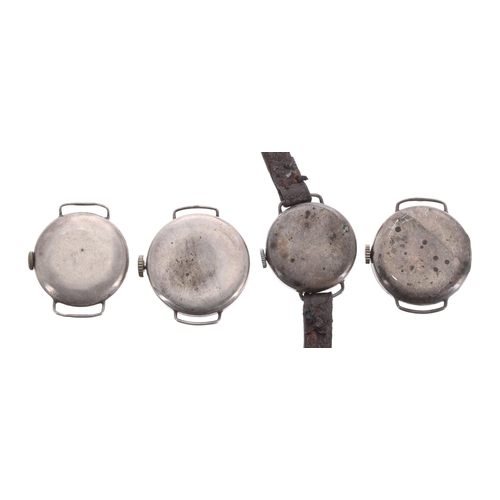 577 - Four silver ladies wire-lug wristwatches for repair, 24mm, 26mm, 26mm, 25mm (three lacking straps)... 